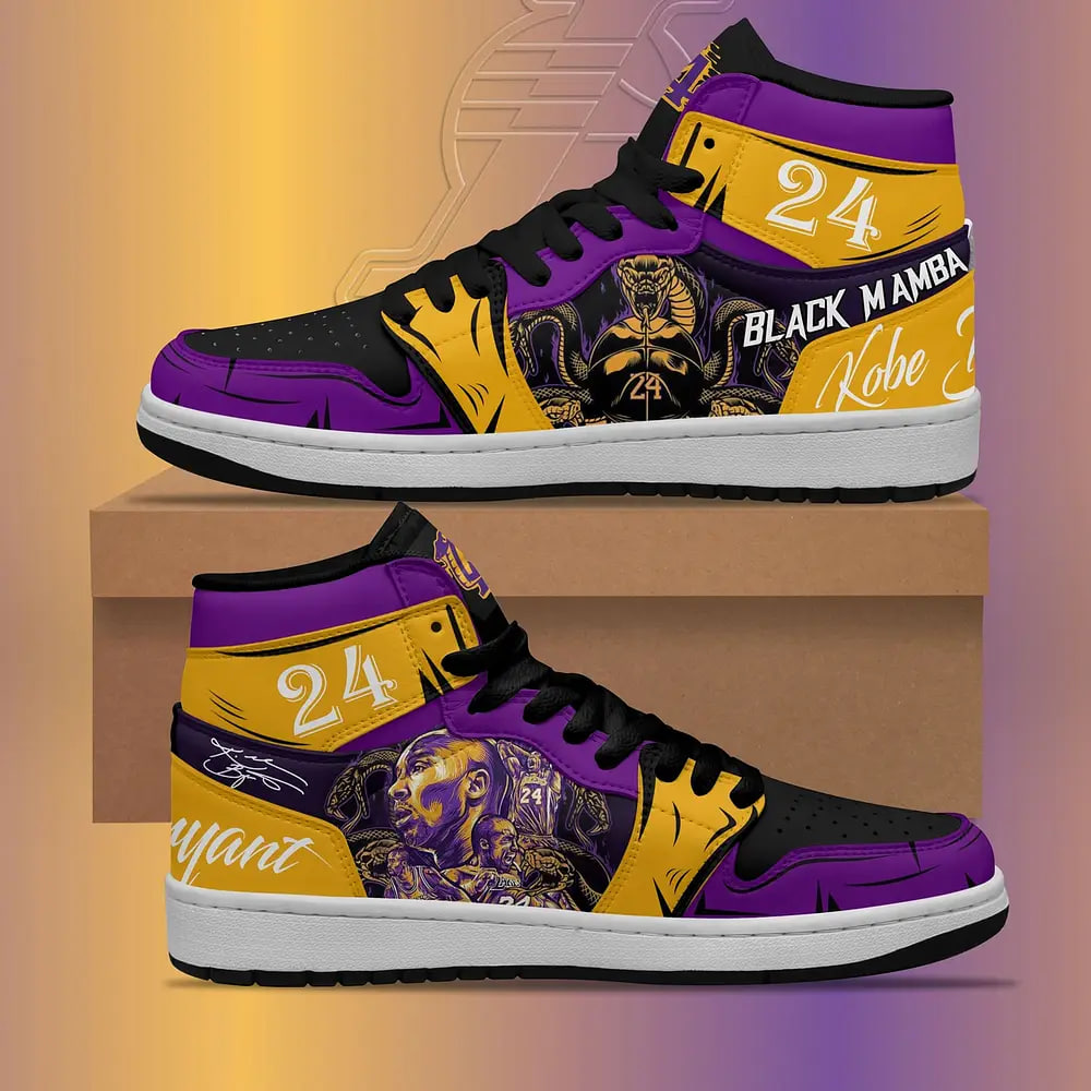 Handmade Los Angeles Lakers 24 Yellow Purple White Lace Up