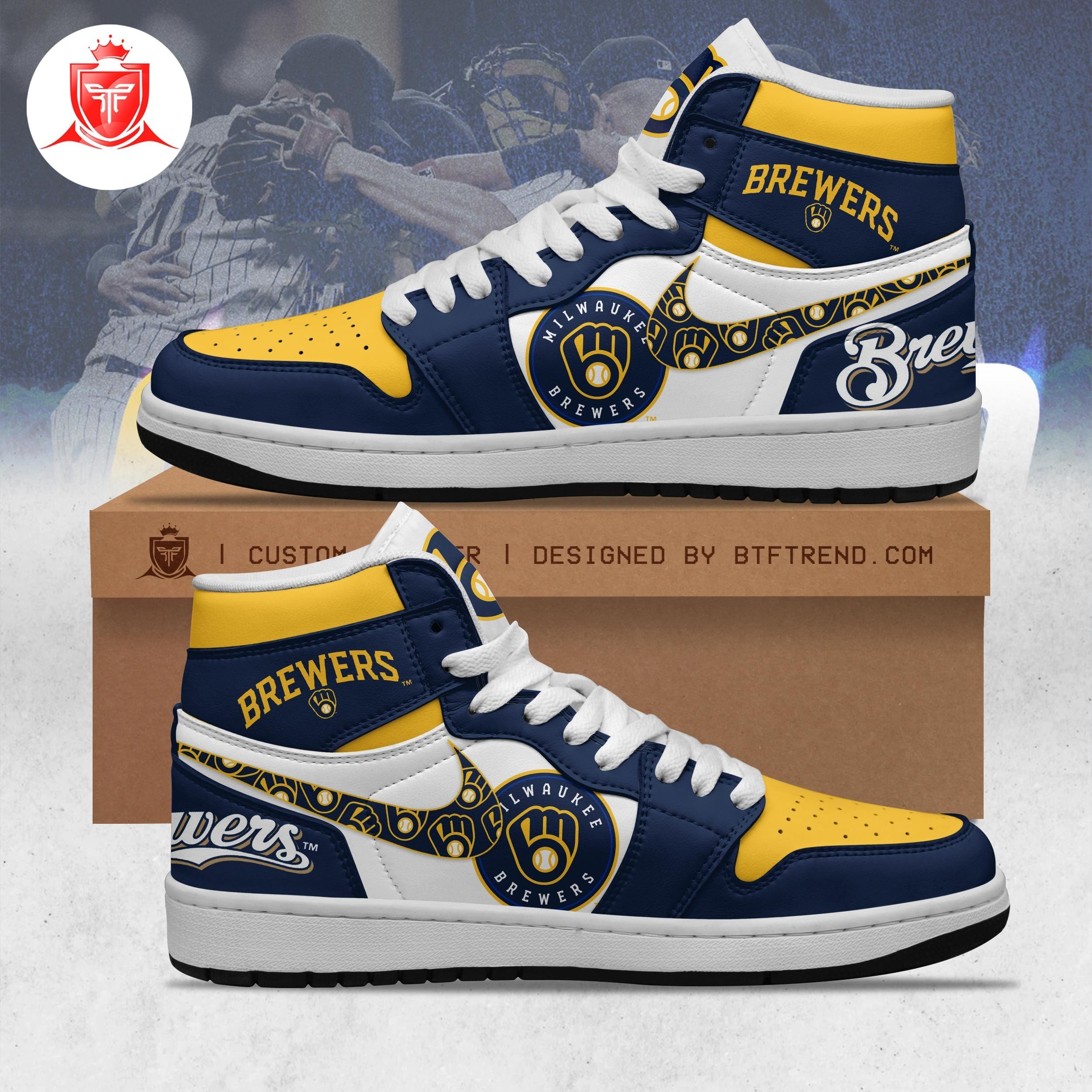 _. MLB Milwaukee Brewers Air Jordan 1 Shoes + Flat Brim Hat - BTF Store